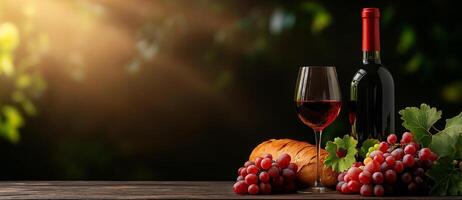 still life featuring glass of red wine, bottle of wine, fresh grapes, and loaf of bread on wooden table, evoking warm and inviting atmosphere photo