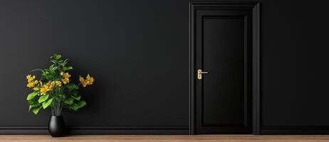 black door on gray wall with vibrant flower arrangement in vase, creating striking contrast. scene evokes sense of elegance and modern design photo