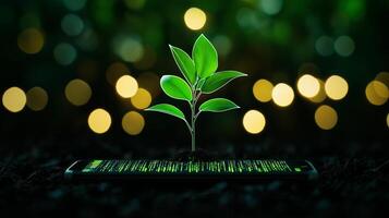 seedling growing from smartphone screen symbolizes fusion of technology and nature, representing growth and innovation in digital world photo