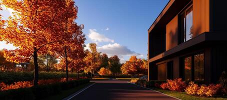 Modern house with basement surrounded by vibrant autumn trees and clear blue sky. scene captures beauty of fall foliage and serene residential setting photo