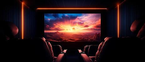 Luxurious home cinema with high end leather seating and stunning sunset view on screen, creating cozy and immersive atmosphere for movie lovers photo