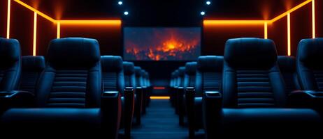 Luxurious home cinema interior with high end leather seating, ambient lighting, and large screen displaying cinematic scene. Perfect for movie enthusiasts photo
