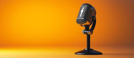 Vintage microphone on orange background, perfect for music or podcasting. warm tones create inviting atmosphere for audio recording photo