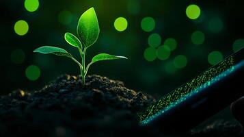 green seedling growing from soil beside smartphone, symbolizing growth and technology. vibrant colors create hopeful atmosphere photo