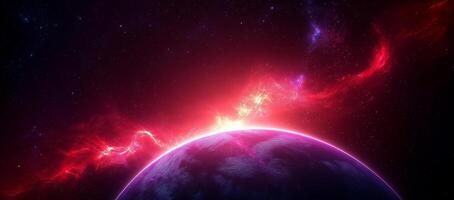 stunning cosmic scene featuring vibrant planet illuminated by fiery nebula, set against backdrop of deep space filled with stars photo