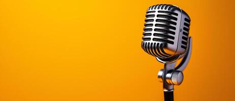Vintage microphone on orange background, symbolizing music and performance. This captures essence of sound and creativity in vibrant setting photo