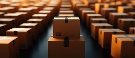 large number of cardboard boxes arranged in warehouse setting, creating sense of depth and organization. warm lighting enhances industrial atmosphere photo