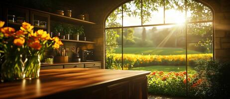 rustic country kitchen with wooden cabinets, island, and vibrant flowers. Sunlight streams through large window, illuminating lush garden outside, creating warm and inviting atmosphere photo
