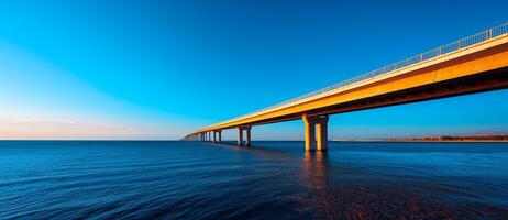 large modern bridge spans over calm sea, showcasing stunning view under clear blue sky. golden light reflects beautifully on water surface, creating serene atmosphere photo