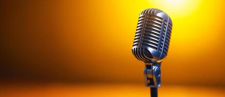 vintage microphone stands prominently against vibrant orange background, evoking sense of nostalgia and creativity. This captures essence of music and performance photo