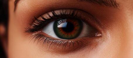 close up of human eye showcasing unique blend of colors, including green and brown, with detailed eyelashes and skin texture. image captures intricate beauty of eye photo