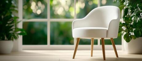 modern armchair in bright room with large windows and greenery. soft fabric and light color create serene atmosphere, perfect for relaxation and comfort photo