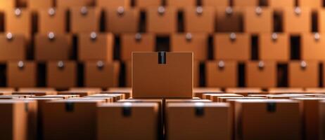 large number of cardboard boxes arranged in abstract pattern, creating visually striking scene. focus is on central box, emphasizing depth and perspective photo