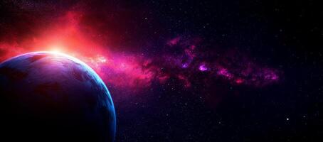 stunning view of planet in space, surrounded by vibrant cosmic colors and glowing galaxy. scene evokes sense of wonder and exploration photo