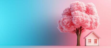 simple house with pink tree in front, set against pastel background, evokes whimsical and serene atmosphere photo