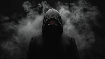 mysterious figure in hooded cloak stands against dark background, with piercing blue eyes visible through shadows and swirling smoke, creating intense atmosphere photo