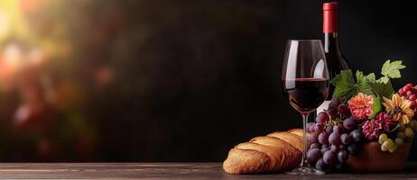 still life featuring glass of red wine, bottle, fresh grapes, and loaf of bread, creating warm and inviting atmosphere photo