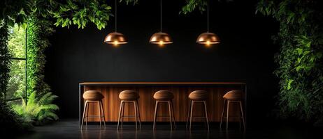 Modern kitchen interior featuring wooden bar with stools, surrounded by lush greenery and warm pendant lighting, creating cozy and inviting atmosphere photo