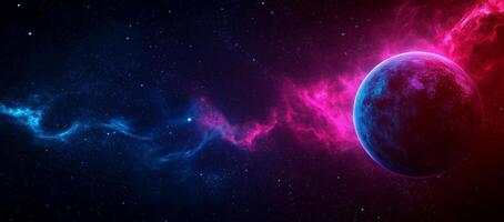 vibrant cosmic scene featuring glowing planet surrounded by colorful nebulae and stars, evoking sense of wonder and exploration photo
