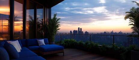 modern luxury rooftop terrace with stunning city skyline views at sunset. space features comfortable blue seating, lush greenery, and serene atmosphere, perfect for relaxation photo