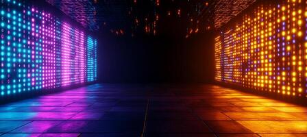 Colorful abstract background with vibrant lights and neon glow, creating dynamic atmosphere. illuminated walls enhance energetic vibe of space photo