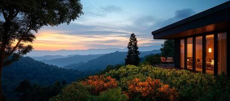 modern luxury mansion with large windows overlooks serene mountain landscape at sunset, surrounded by lush greenery and vibrant flowers, creating tranquil atmosphere photo