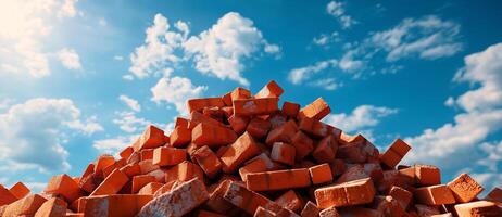 Piles of orange bricks against bright blue sky with fluffy clouds create striking construction scene. vibrant colors evoke sense of industriousness and potential photo