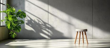 minimalist interior featuring empty room with wooden stool and large green plant. sunlight casts shadows on concrete wall, creating serene atmosphere photo
