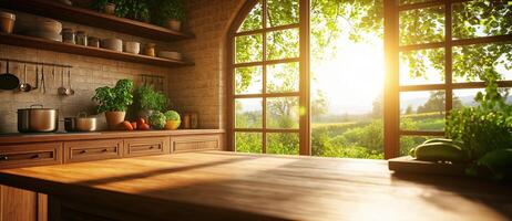 rustic country kitchen featuring wooden cabinets, island, and large windows showcasing beautiful garden view. warm sunlight creates cozy atmosphere, perfect for cooking and gathering photo