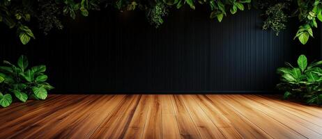 modern interior featuring wooden floor and lush green plants against dark wall, creating serene and inviting atmosphere. Perfect for relaxation or gatherings photo