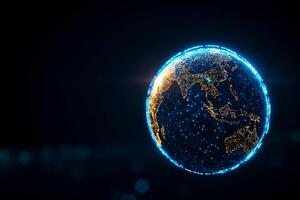 digital Earth hologram with glowing blue lines and illuminated cities, showcasing futuristic view of planet. image evokes sense of connectivity and technology photo