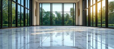large empty room with white marble flooring and expansive windows showcasing lush green landscape. sunlight creates warm and inviting atmosphere photo