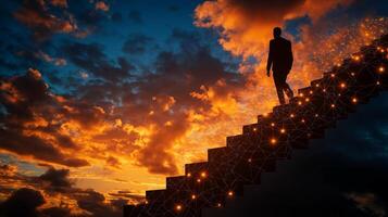 businessman climbs illuminated stairs towards success against vibrant sunset sky, symbolizing ambition and progress in digital age photo