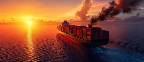 cargo ship with containers sailing on sea at sunset, creating stunning view with vibrant colors and smoke trailing from ship photo