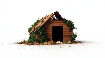 dilapidated wooden house with crumbling walls, overgrown with ivy and surrounded by fallen leaves, evokes sense of abandonment and nature reclaiming space photo