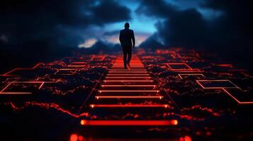 businessman walking on glowing path towards success in digital landscape, symbolizing ambition and progress photo