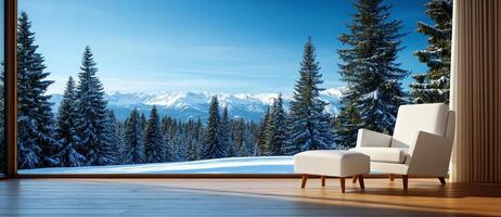 cozy room with white armchair and footrest, featuring stunning view of snow covered mountains and evergreen trees. serene atmosphere invites relaxation and tranquility photo