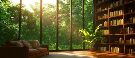 serene library interior featuring wooden bookshelves, cozy sofa, and large windows that invite natural light and greenery. Perfect for relaxation and reading photo