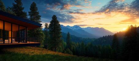 Modern luxury mansion with mountain view at sunset, surrounded by trees and nature beauty. serene escape into wilderness, perfect for relaxation and inspiration photo