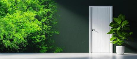 white door stands against dark wall adorned with vibrant green foliage, creating refreshing and serene atmosphere. indoor plant adds touch of nature to space photo
