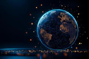 digital globe hologram with network of connections, showcasing continents and glowing points of light, representing global connectivity and technology photo