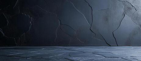 textured empty concrete wall with cracked surface and asphalt floor creates dramatic backdrop. dark tones evoke sense of depth and modernity photo