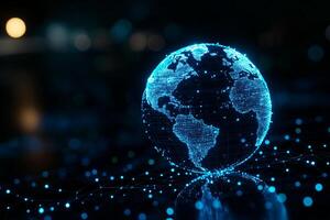 digital Earth hologram with blue neon lights, showcasing global network. globe is surrounded by glowing dots, representing connectivity and technology photo