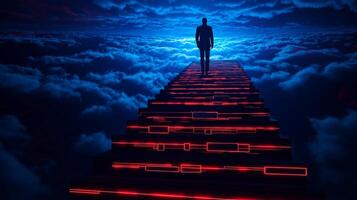 businessman walking up illuminated stairs in digital landscape, symbolizing success and ambition. scene evokes sense of determination and hope photo