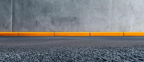 textured asphalt floor meets smooth concrete wall, featuring bright yellow curb. contrast creates modern urban aesthetic, ideal for various design projects photo