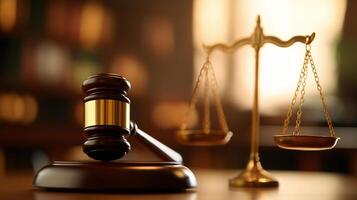 wooden gavel rests beside golden scales of justice, symbolizing law and order in courtroom setting. warm lighting creates serious and contemplative atmosphere photo