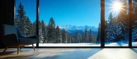 modern interior featuring armchair and panoramic window showcasing stunning winter landscape with snow covered trees and mountains. sunlight creates warm atmosphere photo