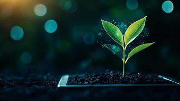 green seedling sprouts from smartphone, symbolizing eco friendly technology and innovation. image conveys sense of growth and sustainability in digital world photo