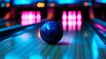 close up of bowling ball rolling down brightly lit alley towards pins, creating exciting atmosphere. vibrant colors enhance fun of game photo