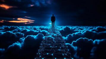 businessman walking on digital pathway through clouds, symbolizing success and ambition. scene evokes sense of determination and futuristic vision photo